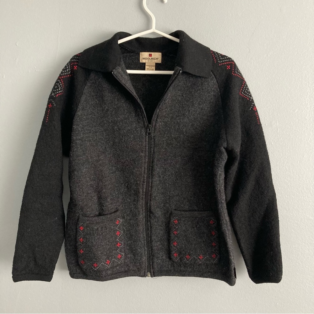 Woolrich Sweater Zip Up Geometric Pockets Black Size Medium